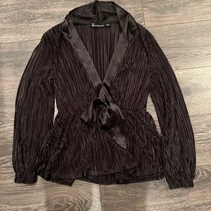 New York & Co Pleated Tuxedo Wrap-Front Blouse Size L